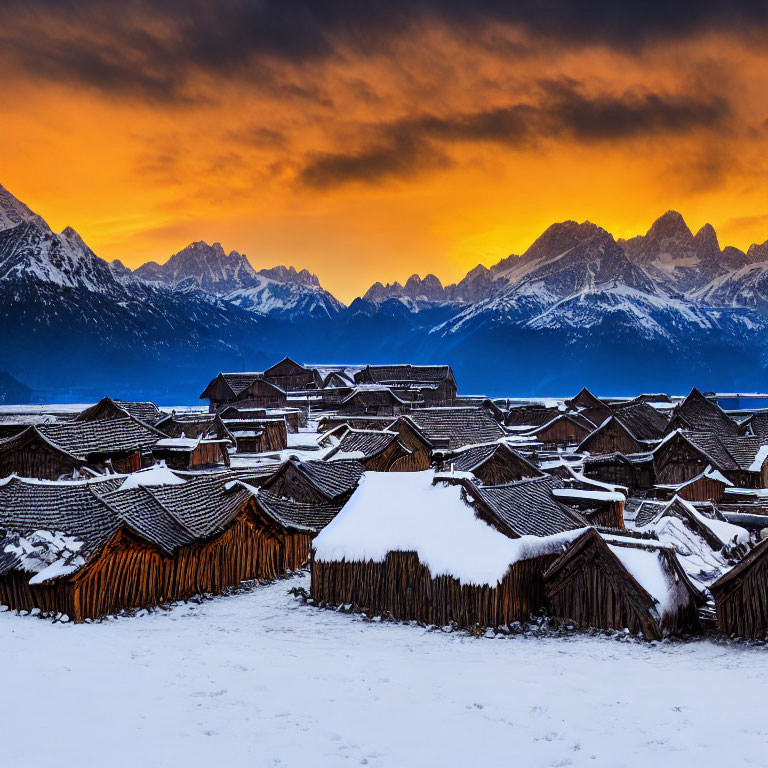 Winter scene: Thatched roof houses in snow with mountain backdrop at sunrise