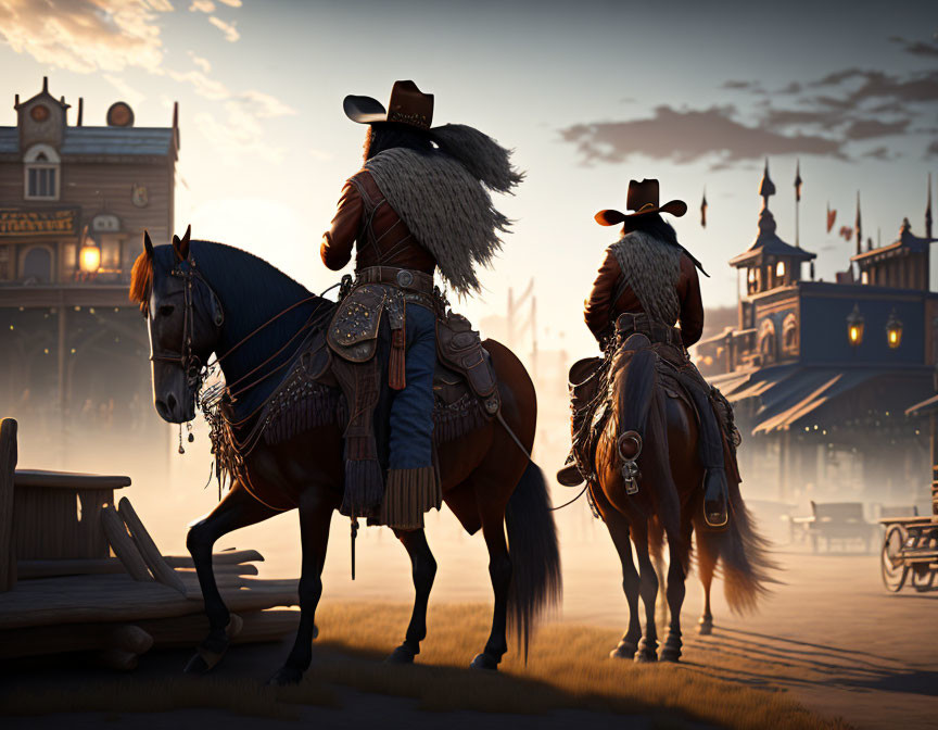 Cowboys on horses in old western town at sunset with grand illuminated buildings.