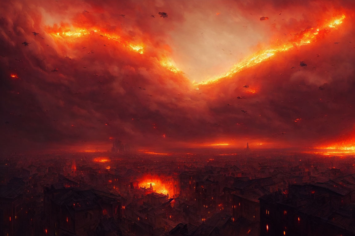 Apocalyptic skyline with fiery streaks over burning cityscape