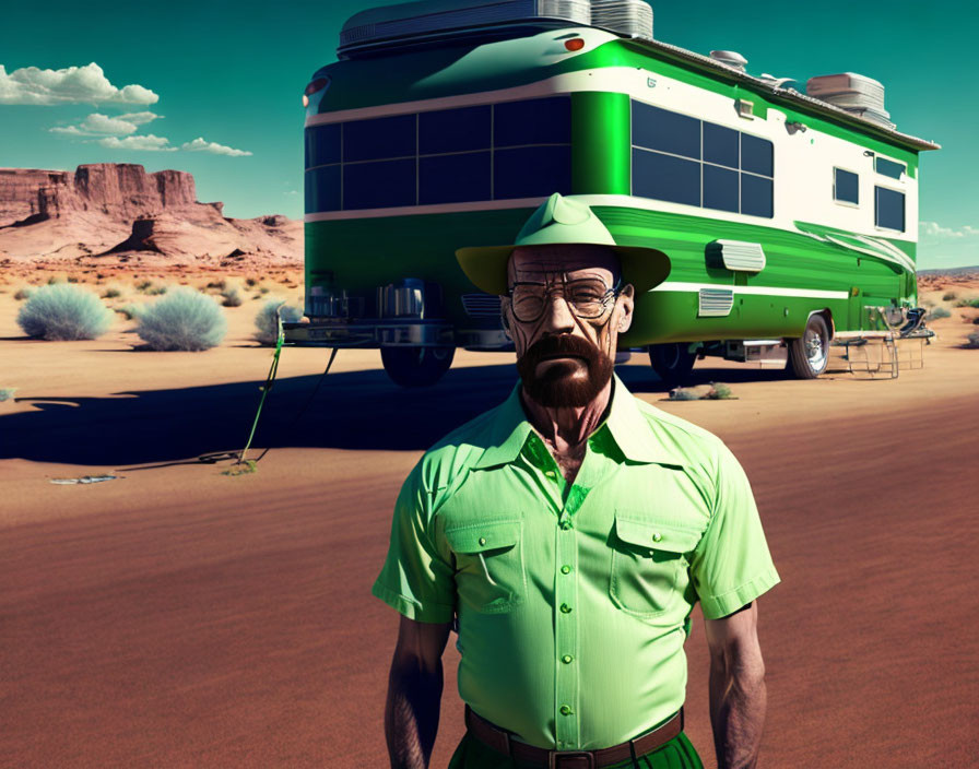 Man with mustache and glasses by green RV in desert landscape