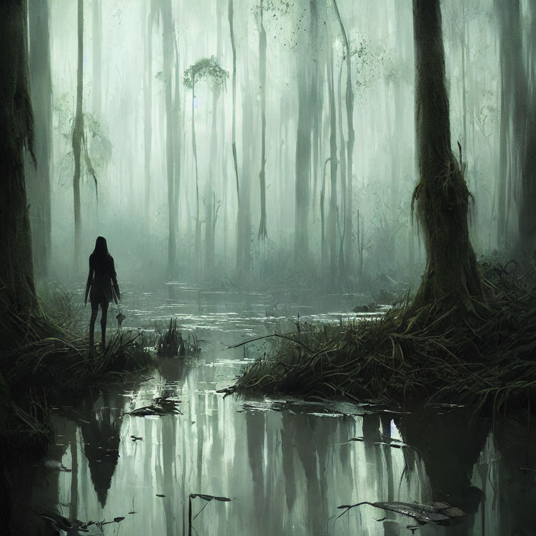 Misty swamp scene with solitary figure in reflective water