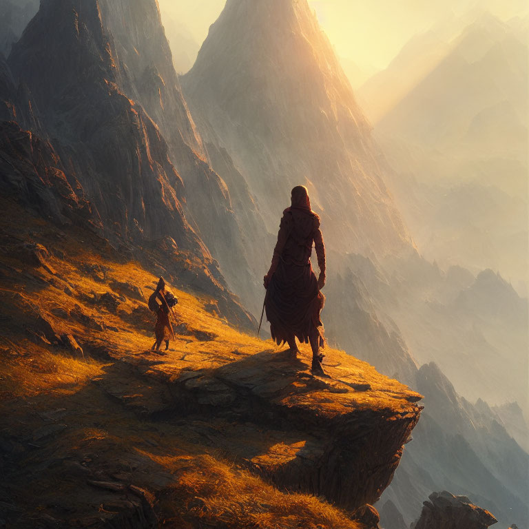 Cloaked figure and small creature on cliff edge in dramatic mountain landscape