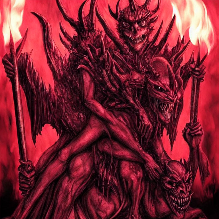 Illustration of menacing demonic figures in fiery red and black setting