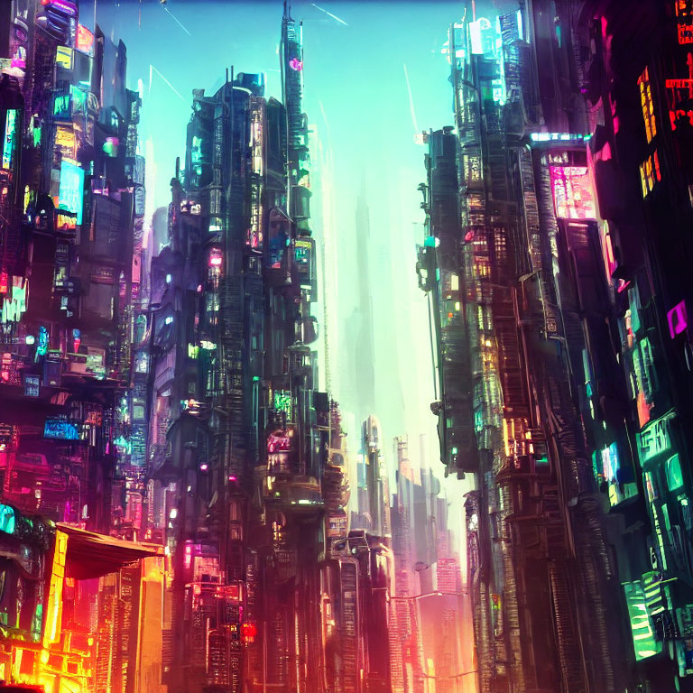 Futuristic neon cityscape with towering skyscrapers at twilight