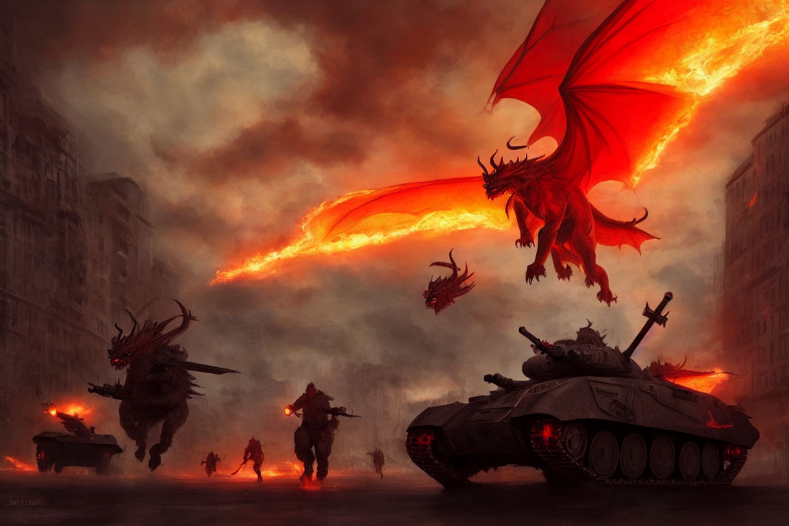 Red dragon flying over urban battlefield with tanks and demons in smoky atmosphere