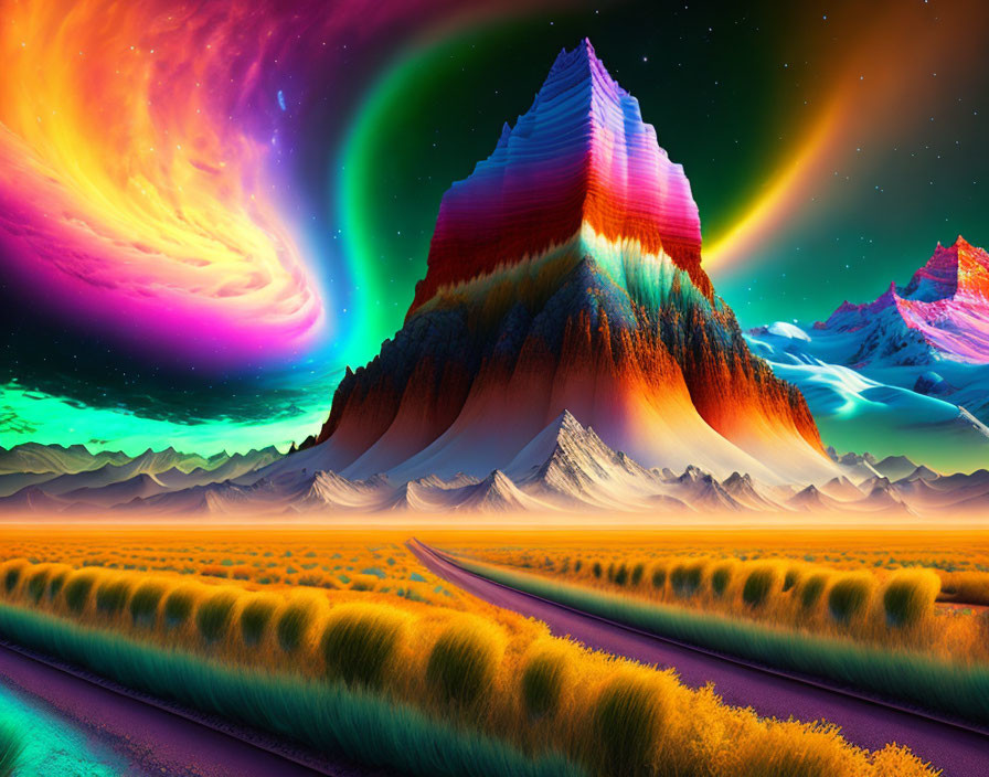 Colorful fantasy landscape with rainbow auroras, multi-hued mountains, and vibrant field