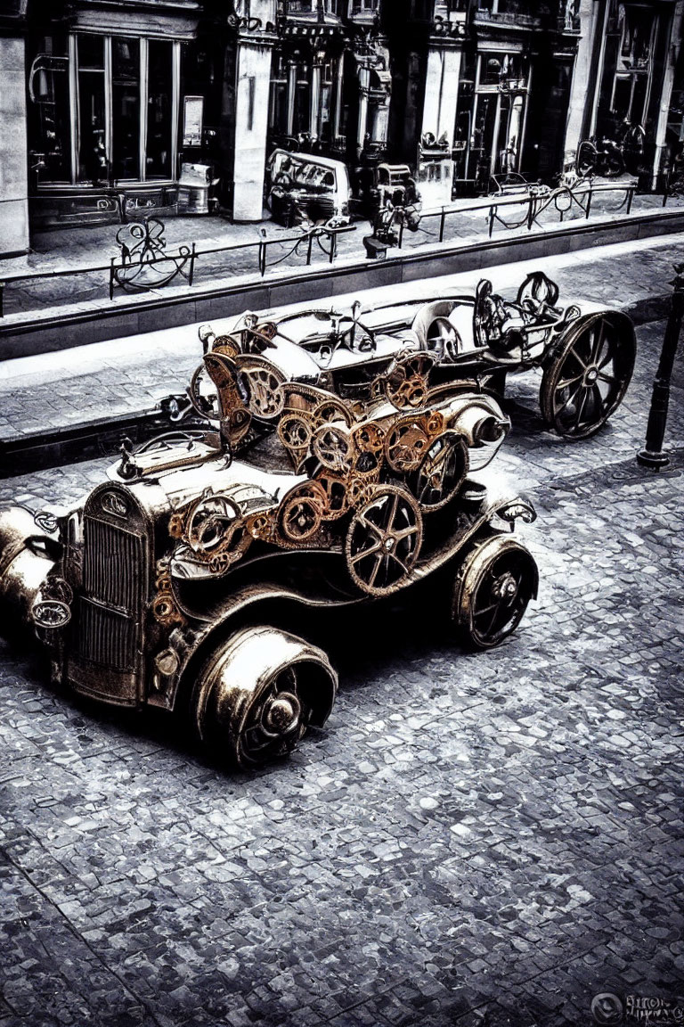 Vintage cars with exposed gears on cobblestone street in steampunk style