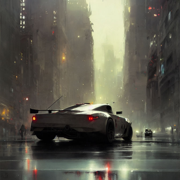 White sports car driving through futuristic cityscape in rain.