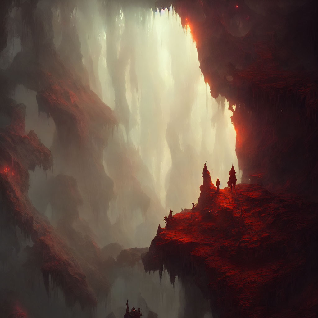 Fantasy cavern with travelers on red rocky overhang in dramatic lighting