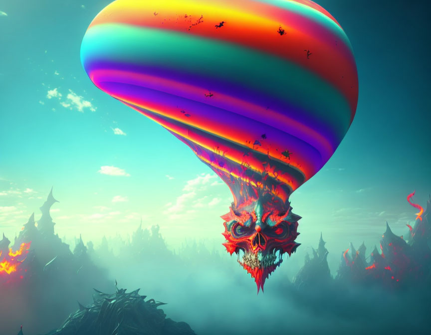 Colorful hot air balloon with skull design over fantastical landscape and spiky formations under bird-filled