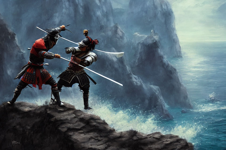 Samurai warriors duel with swords on cliff by the sea