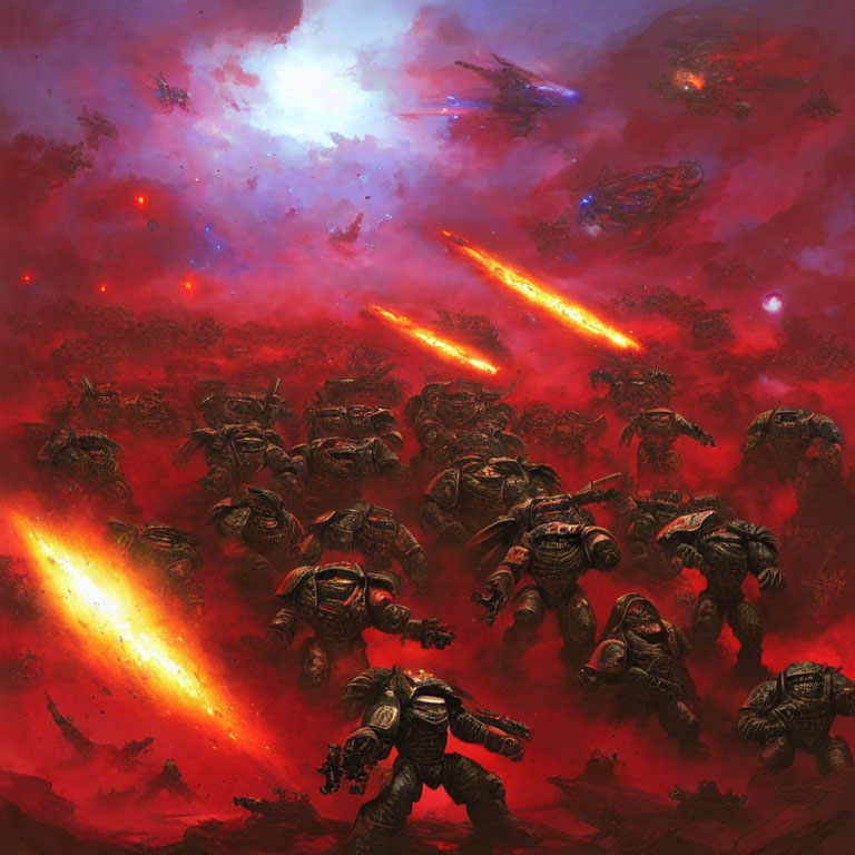 Armored warriors advance under red sky amid explosions.