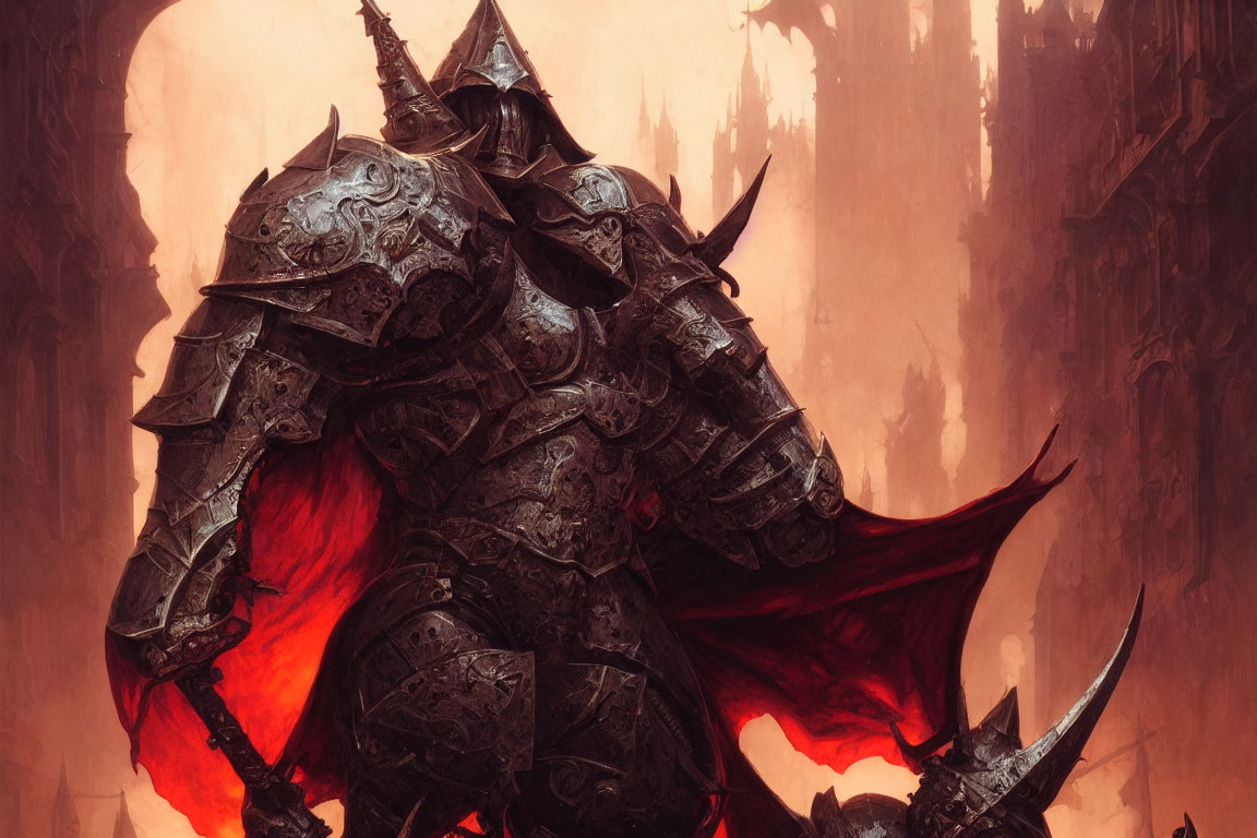 Armored figure with horns in hellish landscape with dark spires