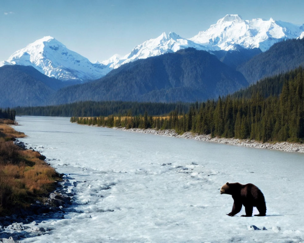 Two bears in snowy landscape with frozen river and mountains.