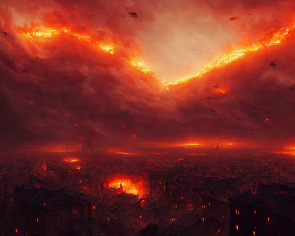 Apocalyptic skyline with fiery streaks over burning cityscape