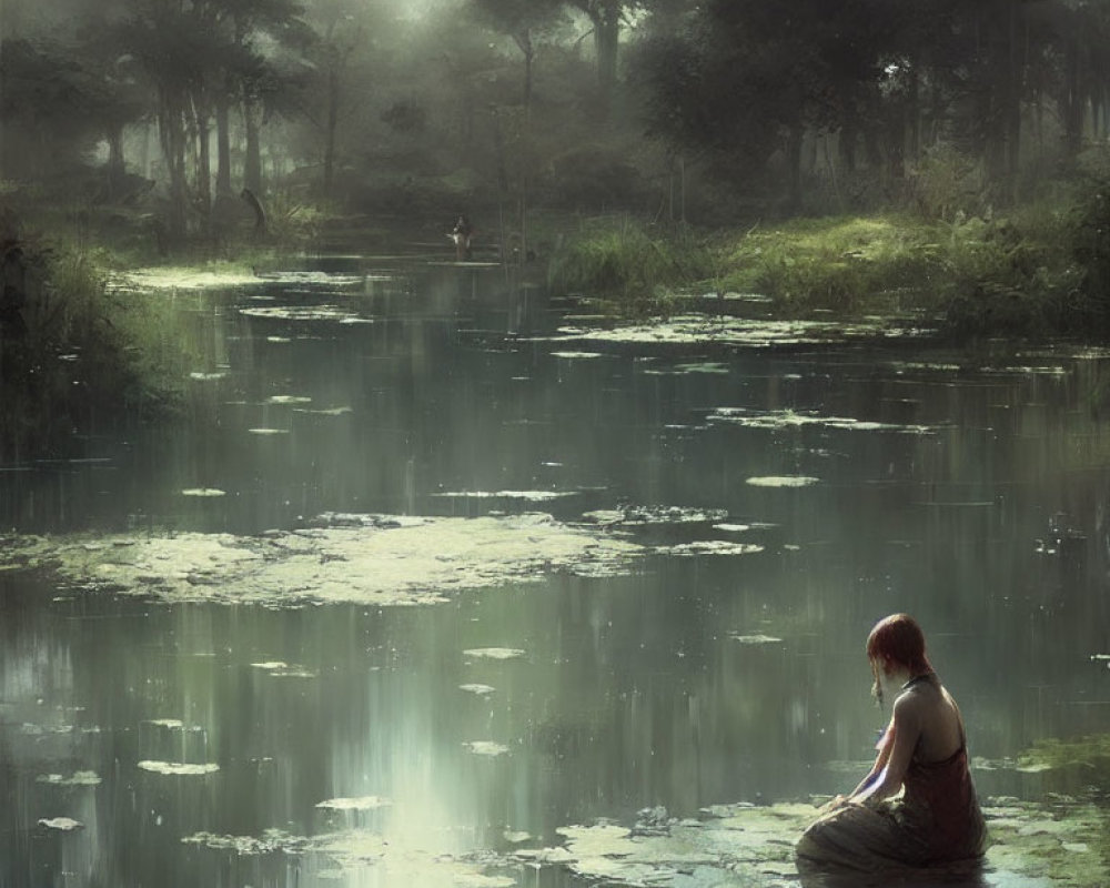 Tranquil forest pond with misty atmosphere and person reflecting