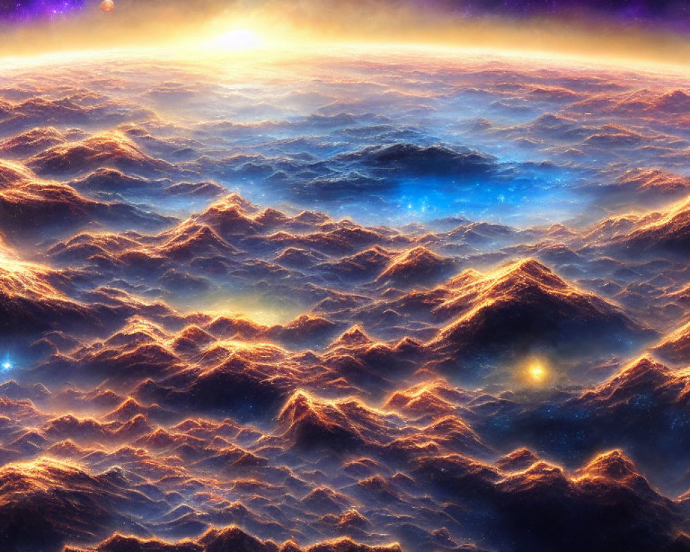 Golden mountain ridges under a starry cosmic sky at sunrise.