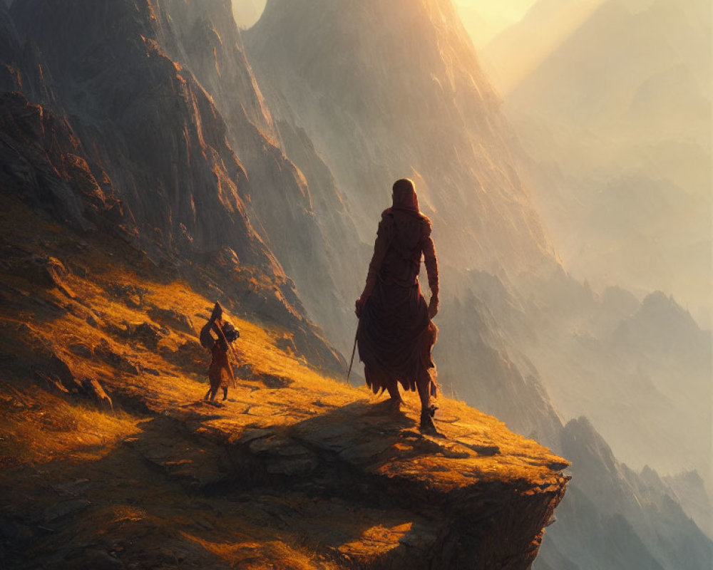 Cloaked figure and small creature on cliff edge in dramatic mountain landscape