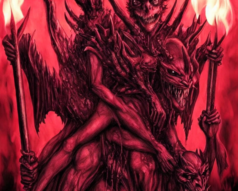 Illustration of menacing demonic figures in fiery red and black setting