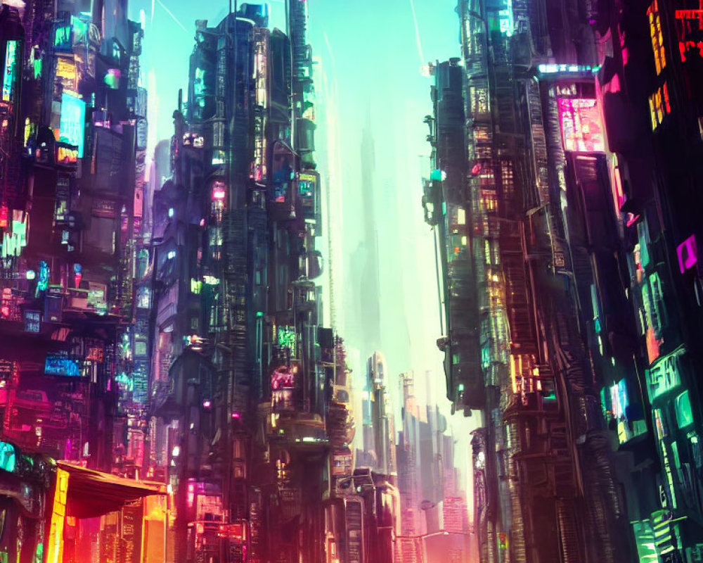 Futuristic neon cityscape with towering skyscrapers at twilight