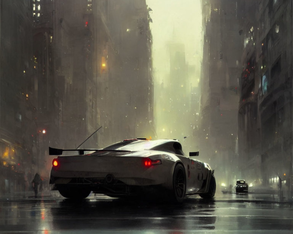 White sports car driving through futuristic cityscape in rain.