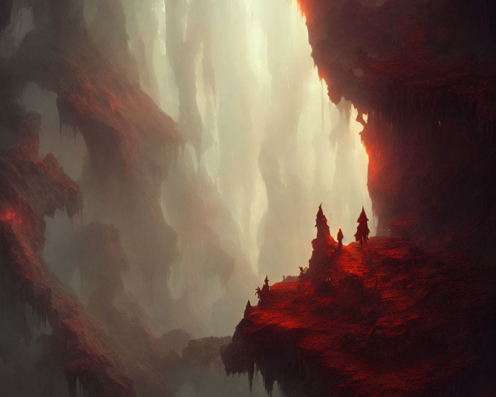 Fantasy cavern with travelers on red rocky overhang in dramatic lighting