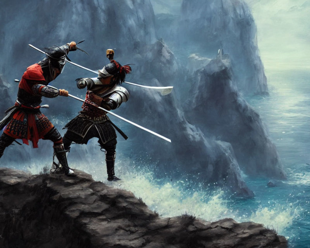 Samurai warriors duel with swords on cliff by the sea