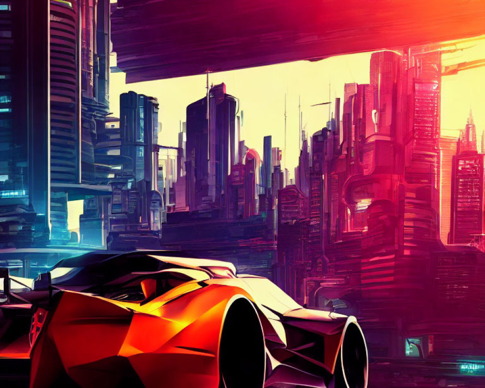 Futuristic orange sports car in urban sunset scene