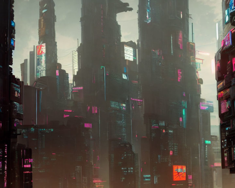 Futuristic cityscape with towering skyscrapers and neon signs