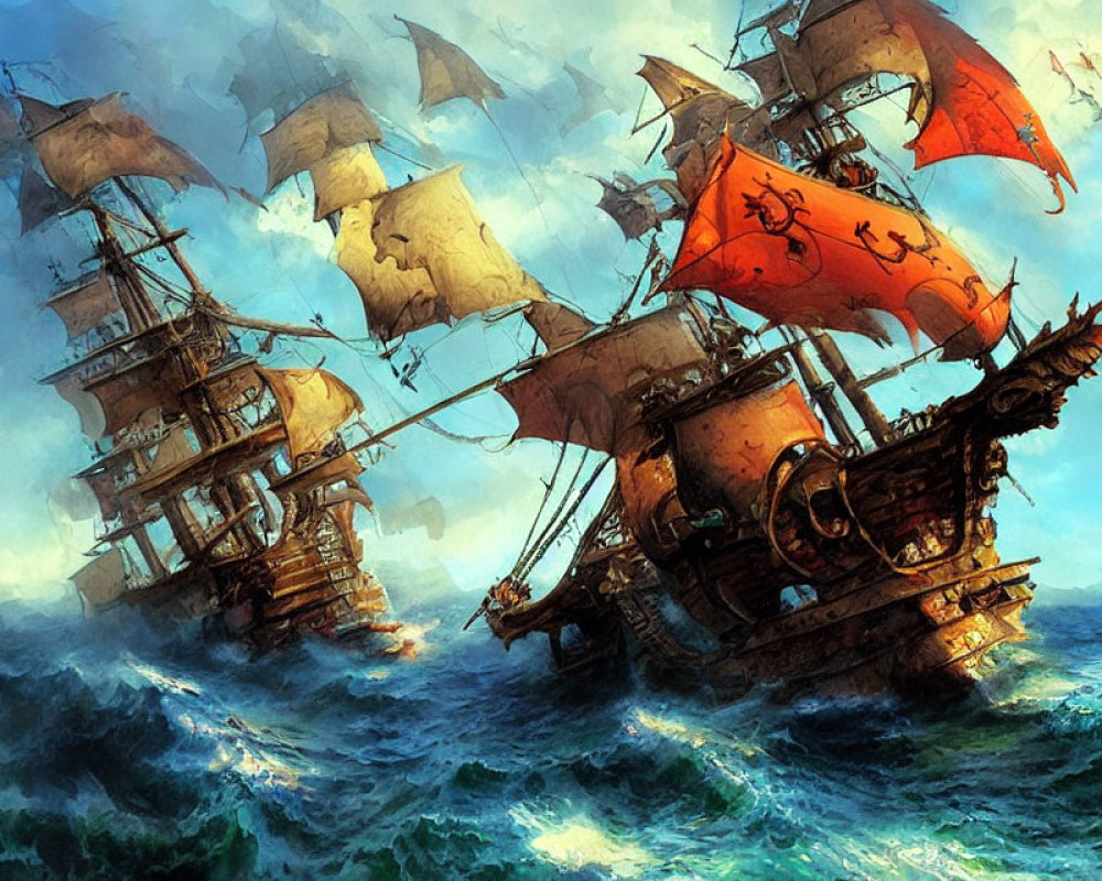 Sea Battle Painting: Pirate Ships, Detailed Hull Designs, Tattered Sails, Turbulent Waters