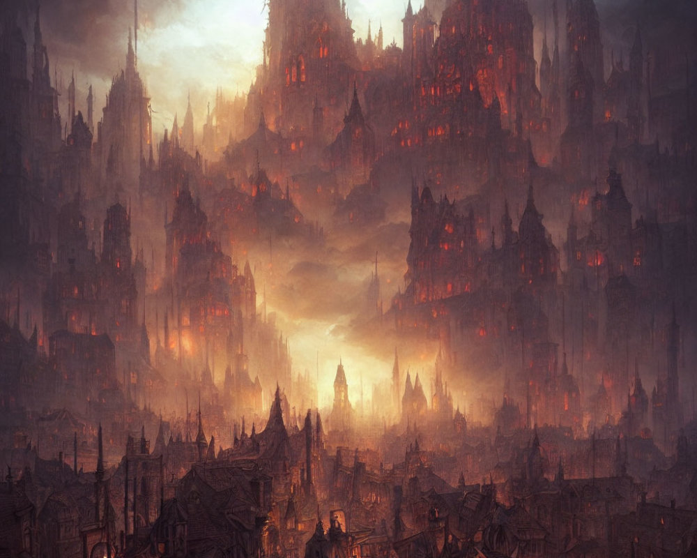 Gothic spires in dark fantasy cityscape at dusk