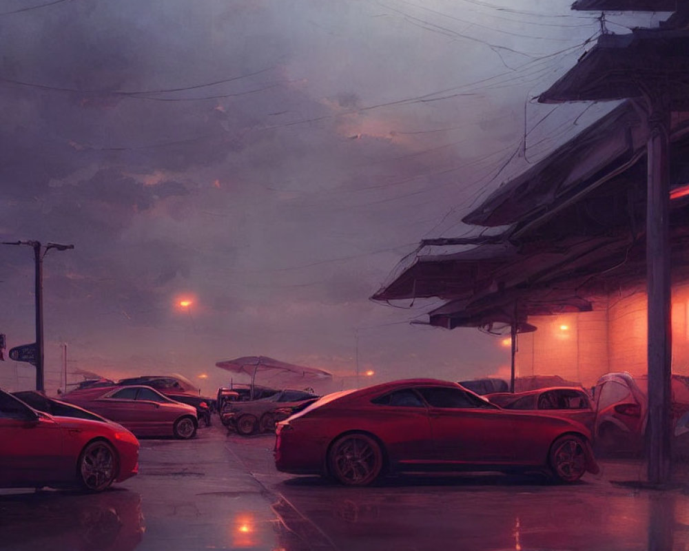 Dusky Red Cars on Wet Street Under Clouded Sky