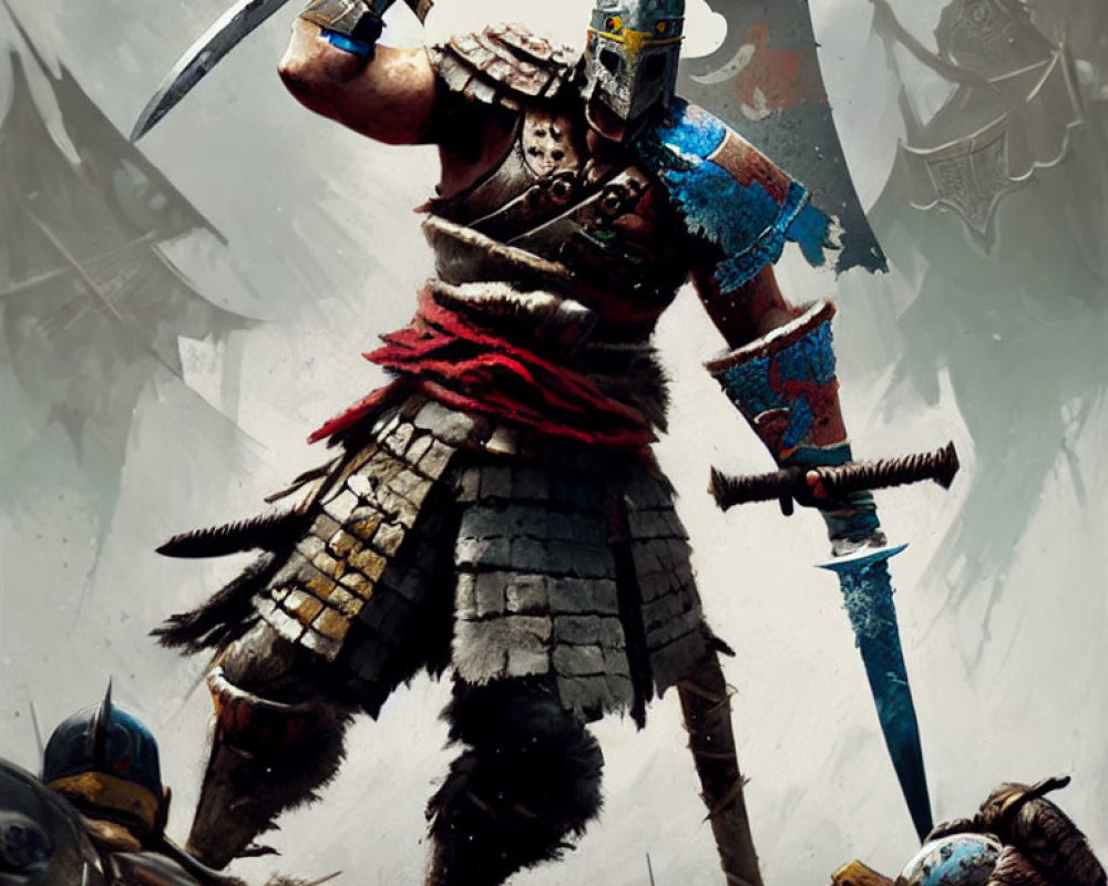 Armored warrior with sword in misty battle scene