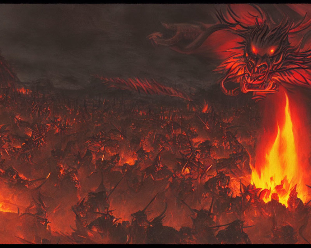 Fiery landscape with demonic army and looming dragon