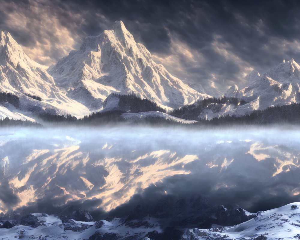 Snow-covered mountains reflecting sunlight on a calm lake amidst swirling mist