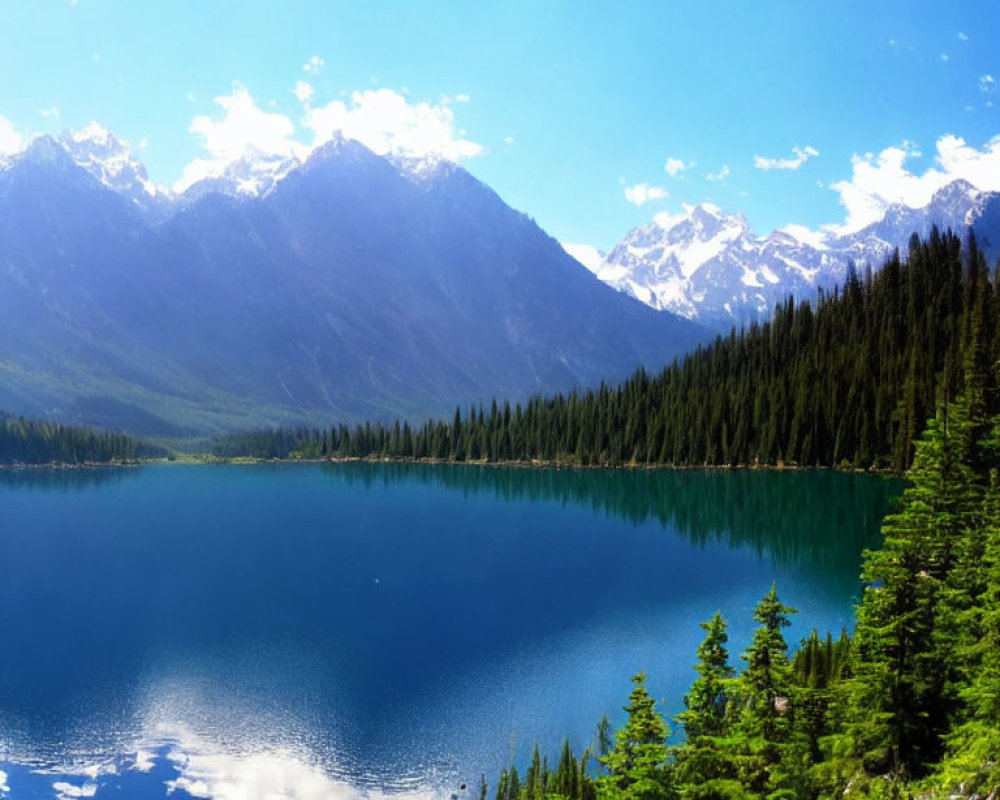 Serene mountain lake with clear blue waters and lush green forests