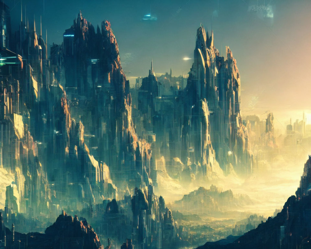 Futuristic cityscape with crystalline towers and misty aura