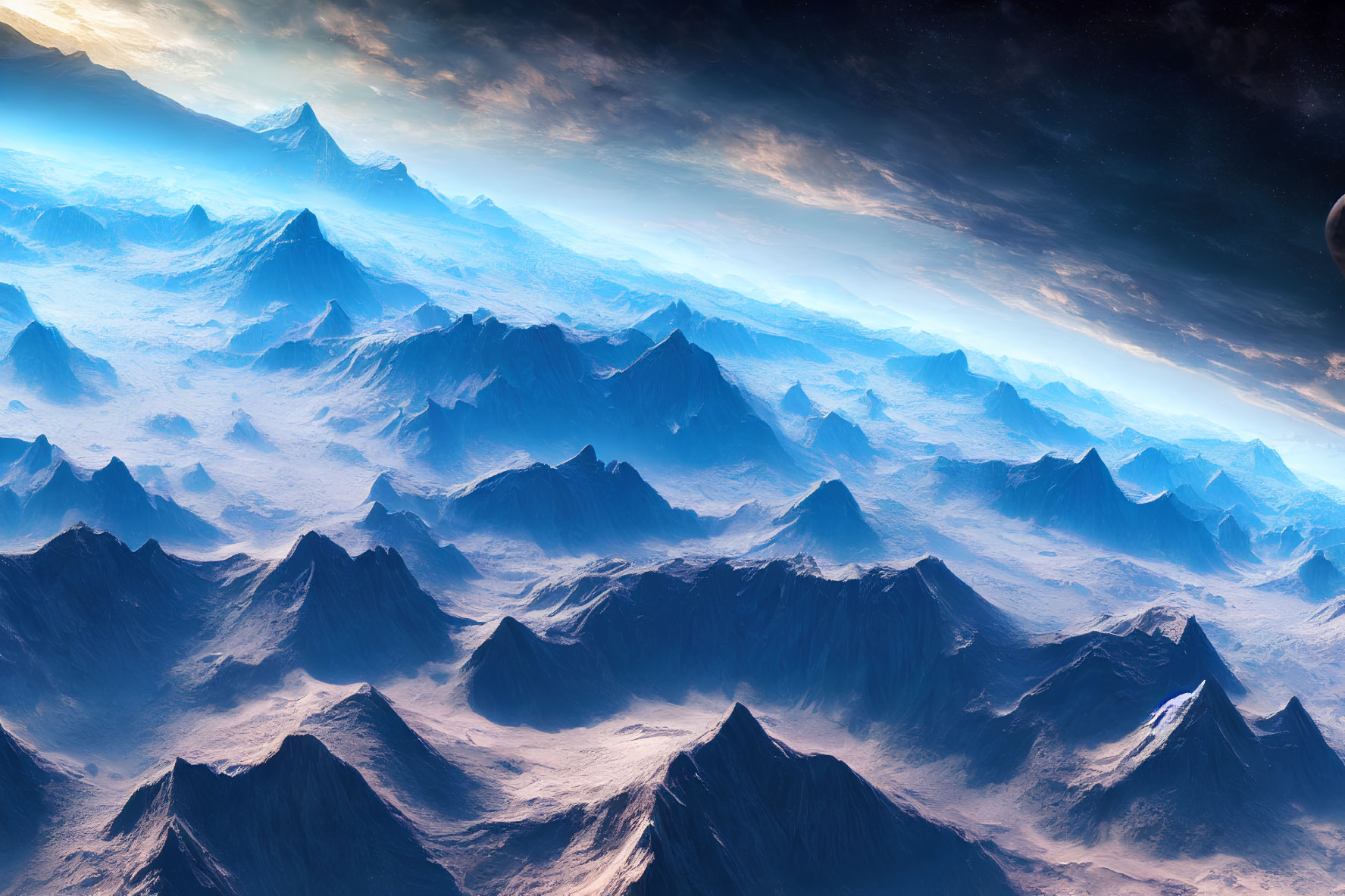 Surreal landscape with jagged mountains under starry sky and celestial body horizon