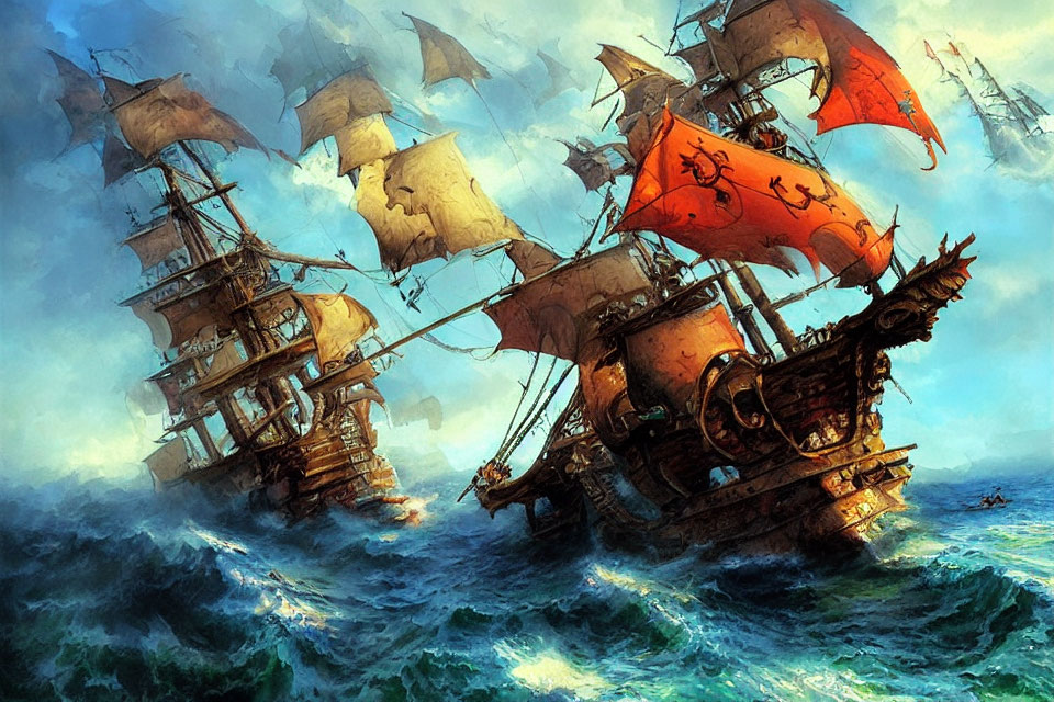 Sea Battle Painting: Pirate Ships, Detailed Hull Designs, Tattered Sails, Turbulent Waters