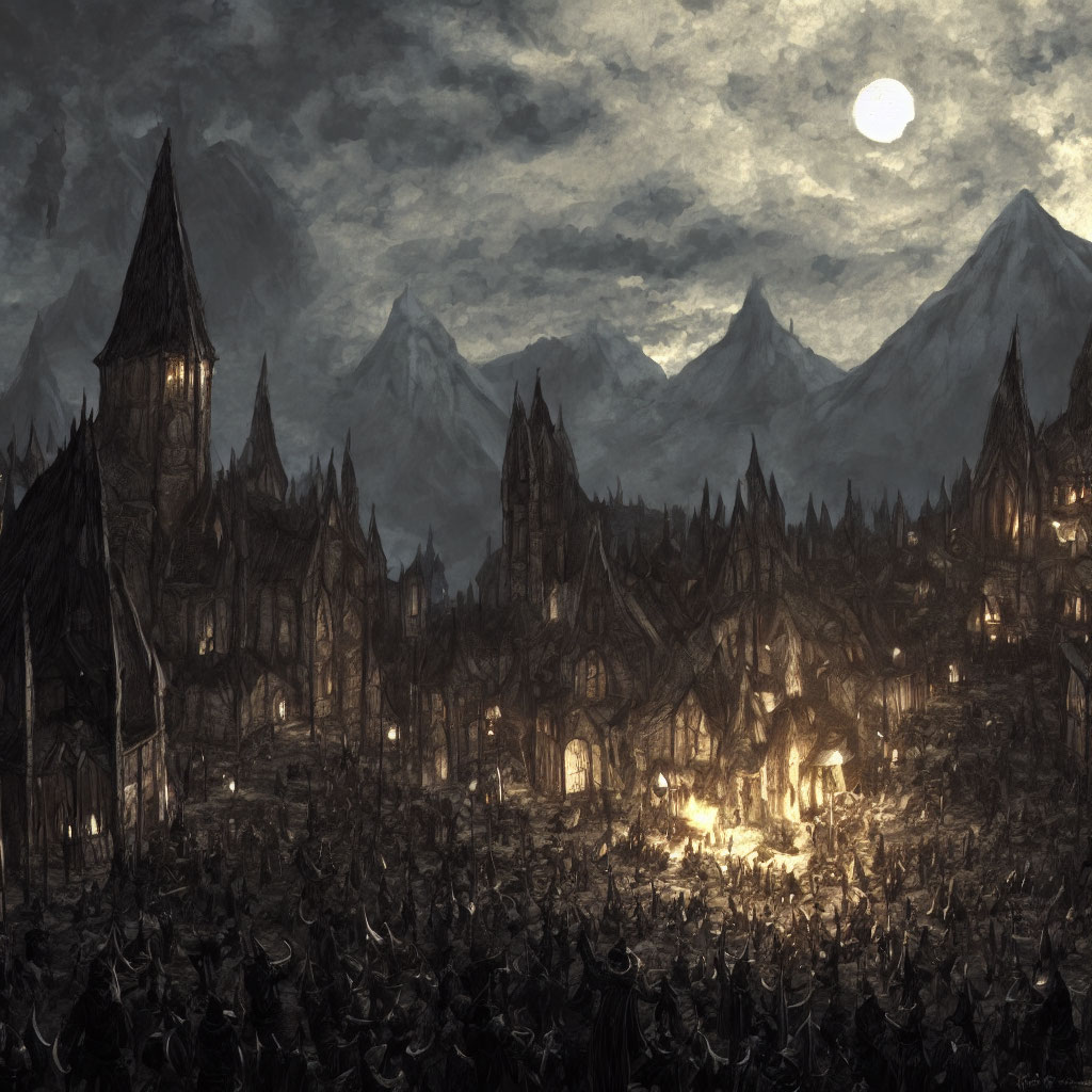 Moonlit fantasy landscape with gothic castle, forest, and mountains under cloudy sky