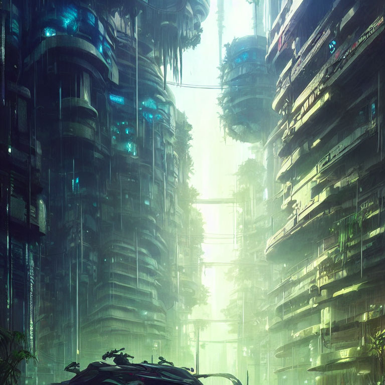 Futuristic cityscape with misty skyscrapers and flying vehicle