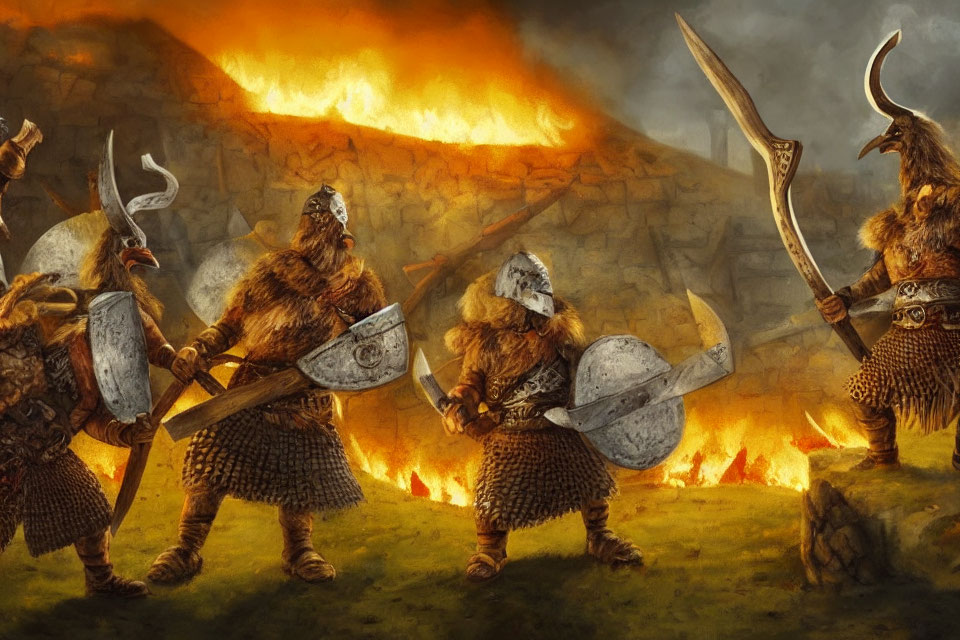 Viking warriors in furs with helmets, shields, and axes in front of burning building