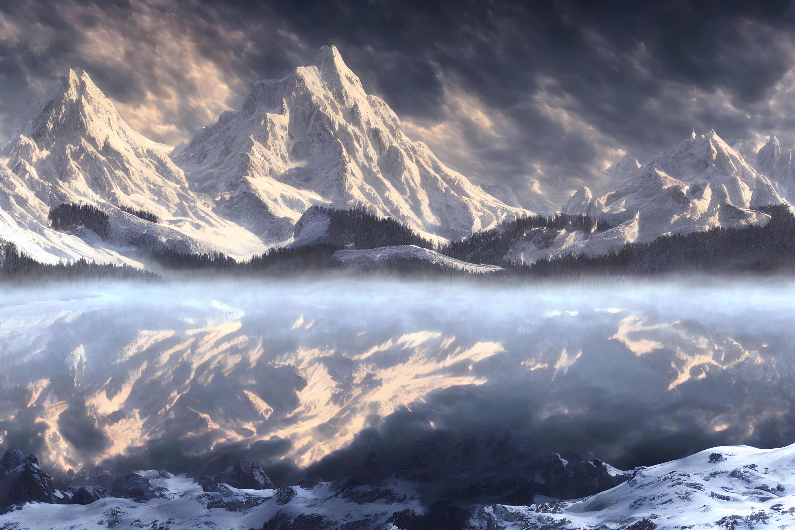 Snow-covered mountains reflecting sunlight on a calm lake amidst swirling mist