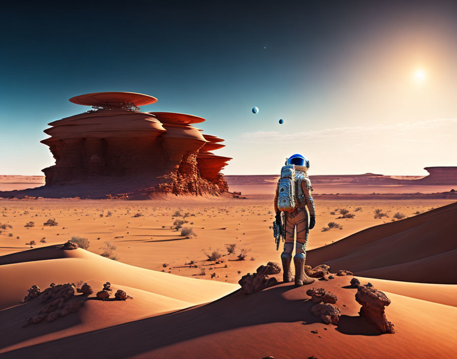 Astronaut on alien desert landscape with rock formations and futuristic building.