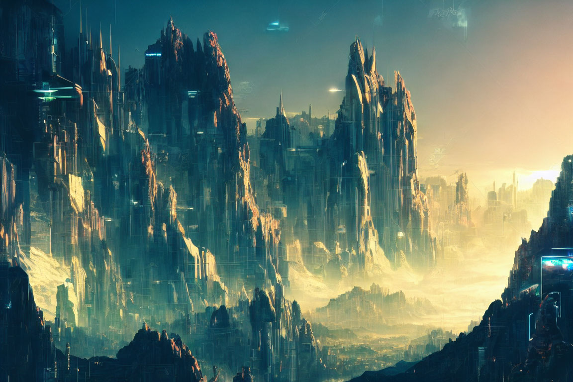 Futuristic cityscape with crystalline towers and misty aura