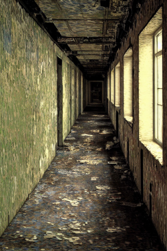 Decrepit corridor with peeling paint, debris, and sunlight streaming.