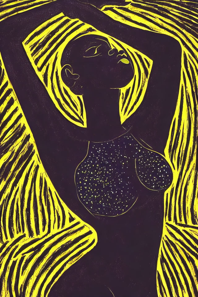 Stylized illustration of woman with arm behind head on yellow and black background