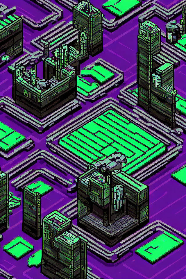 Futuristic city pixel art with neon color scheme