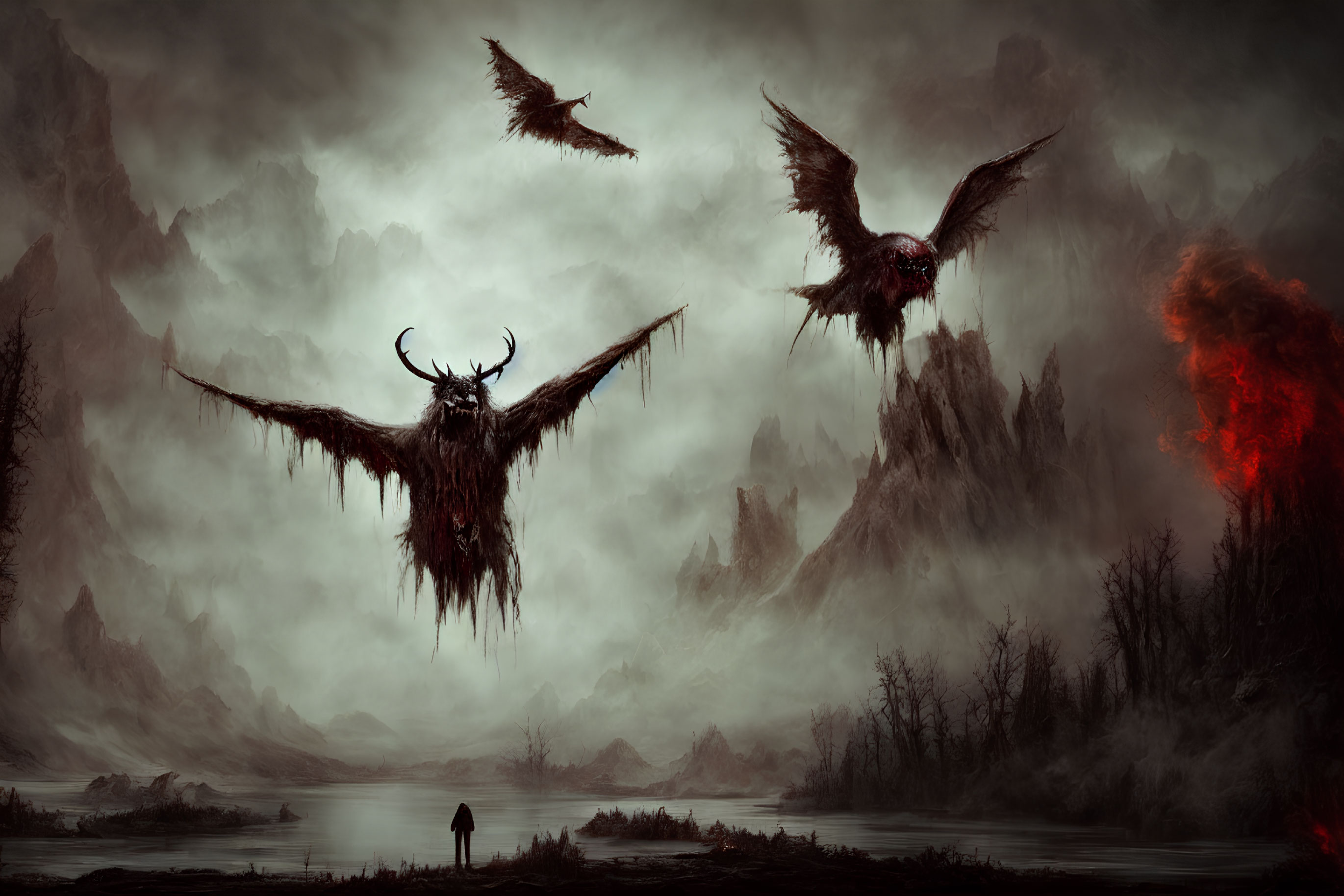 Dark Landscape with Lone Figure by Lake and Menacing Winged Creatures