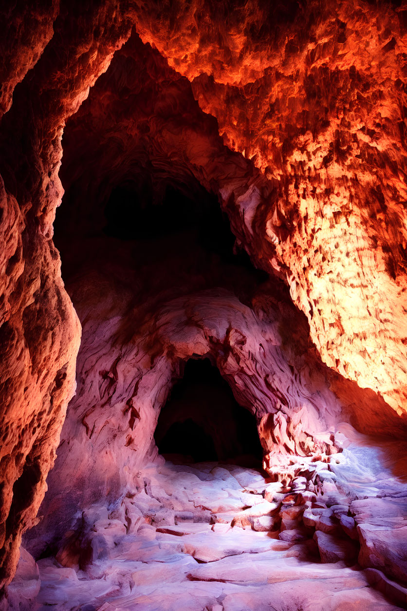 Vividly Lit Cave with Red and Orange Glow and Intricate Rock Formations